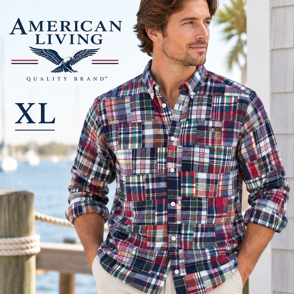 American Living Patchwork Madras Button Down Mens XL Multi Color Plaid Cotton